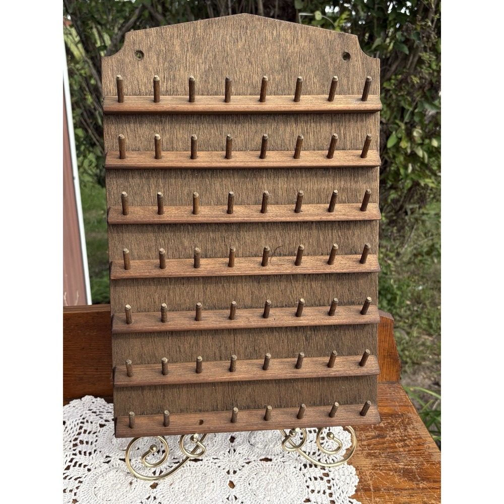Wood Wall-Mounted Thread Spool Holder Organizer Spool Rack Brown Vintage